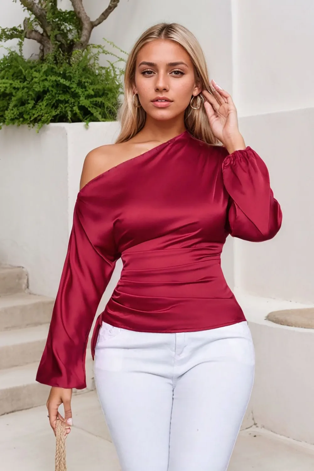 Drawstring One Shoulder Long Sleeve Blouse, image 5