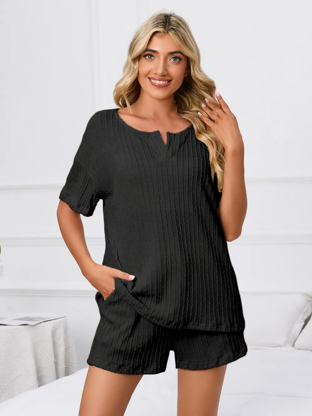 Notched Short Sleeve and Shorts Lounge Set, image 3