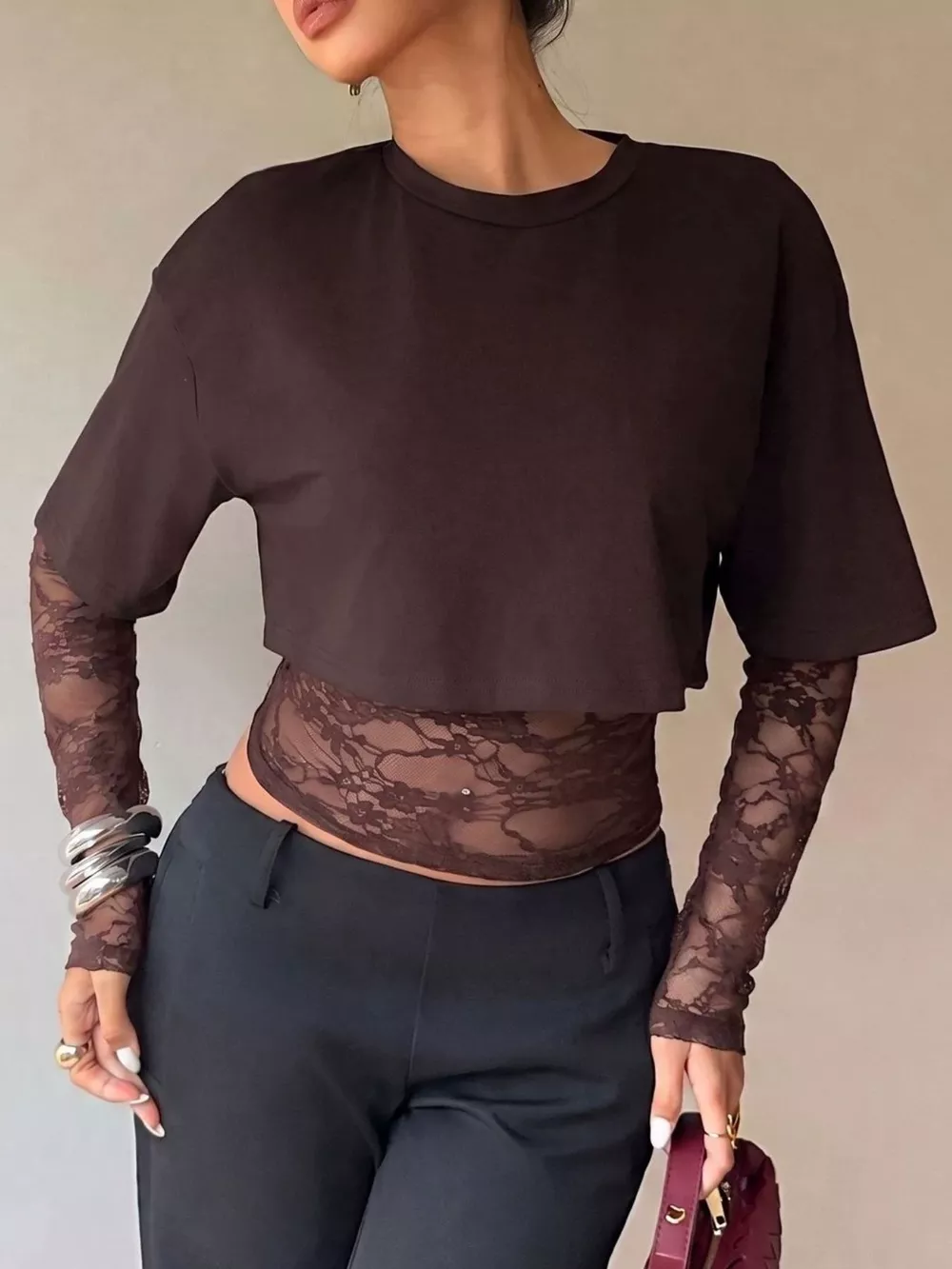 Lace Patchwork Short Sleeve T-Shirt, image 5