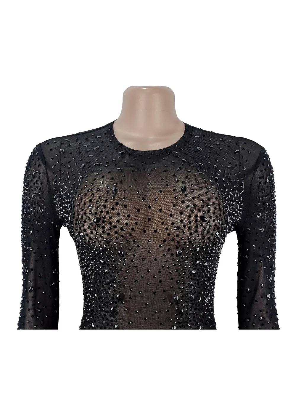 Sheer Mesh Rhinestone Embellished Long Sleeve Evening Dress, image 8