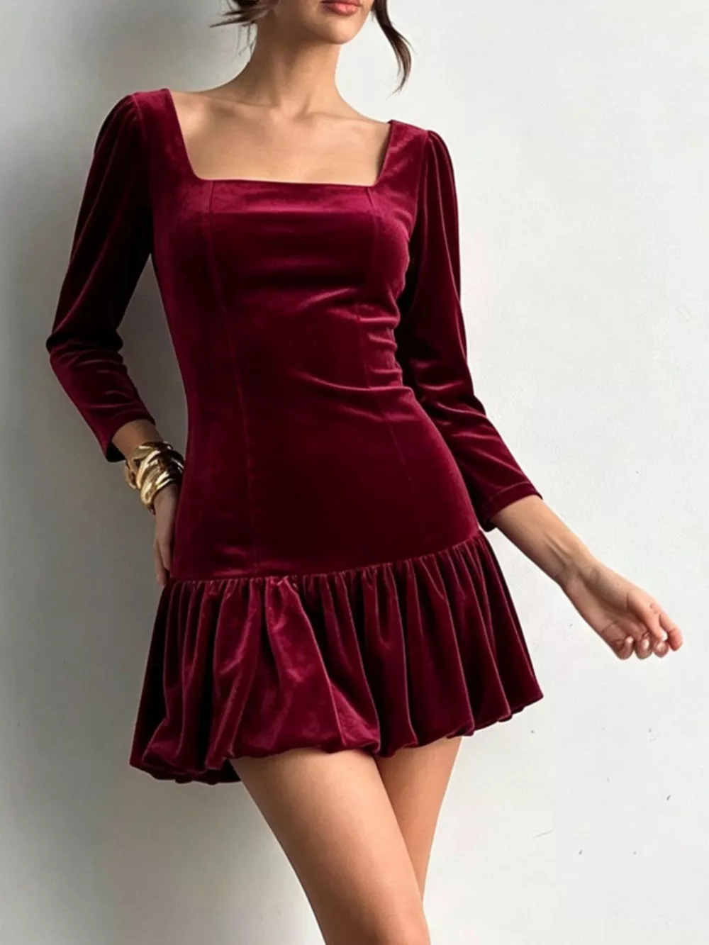 Christmas Velvet Square Neck Mini Dress with Ruffled Hem, image 4