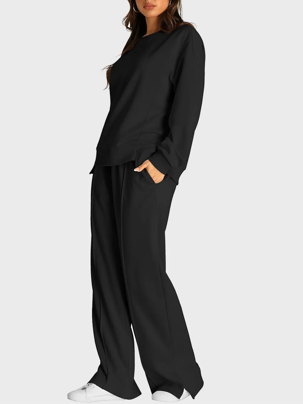 Round Neck Long Sleeve Top and Slit Pants Set, image 2