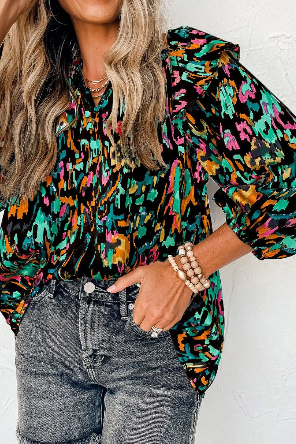 Abstract Print 3/4 Sleeve Ruffle Blouse, image 2
