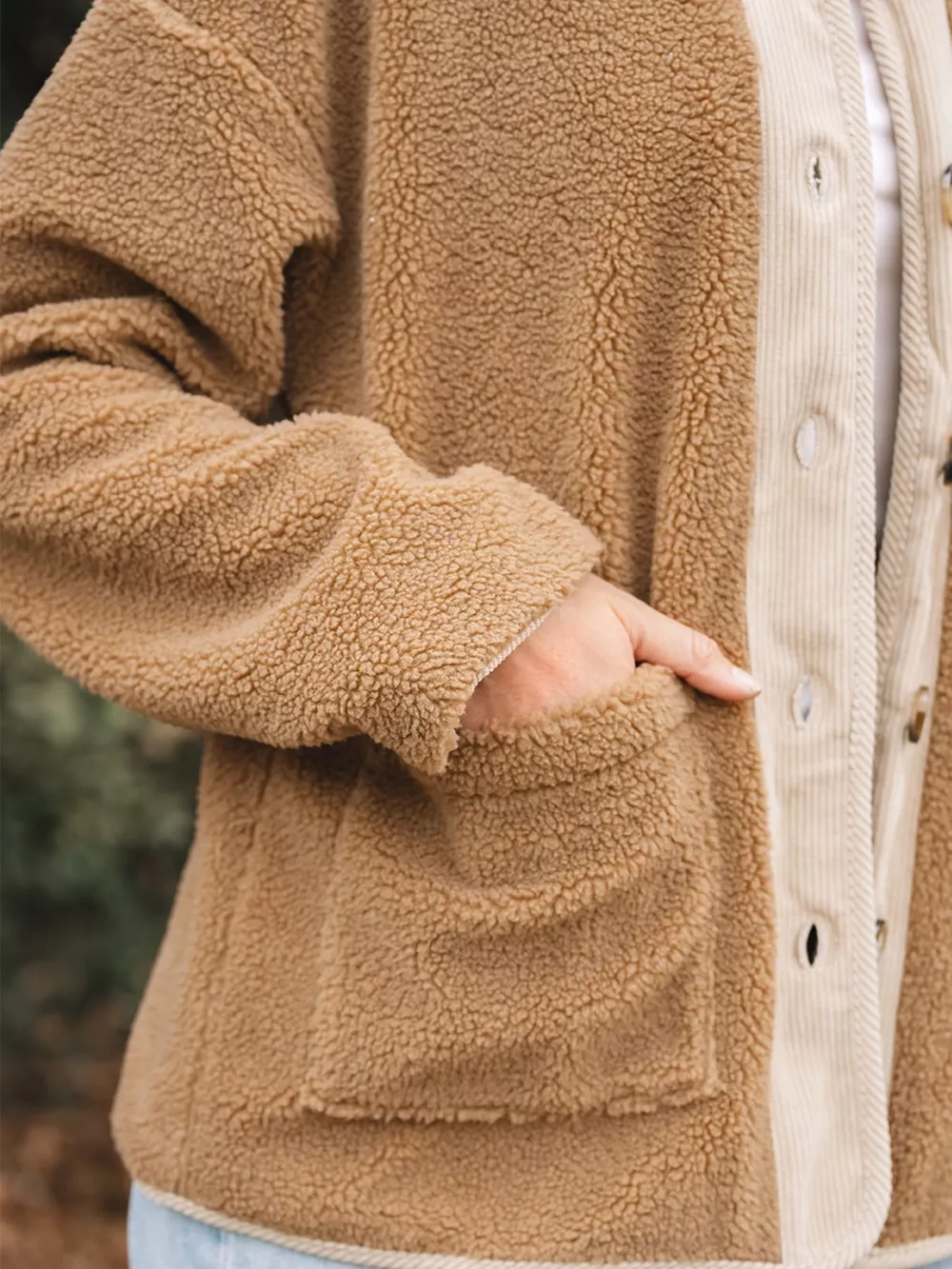 Puffy Plush Corduroy Edge Patchwork Jacket with Pockets, image 2