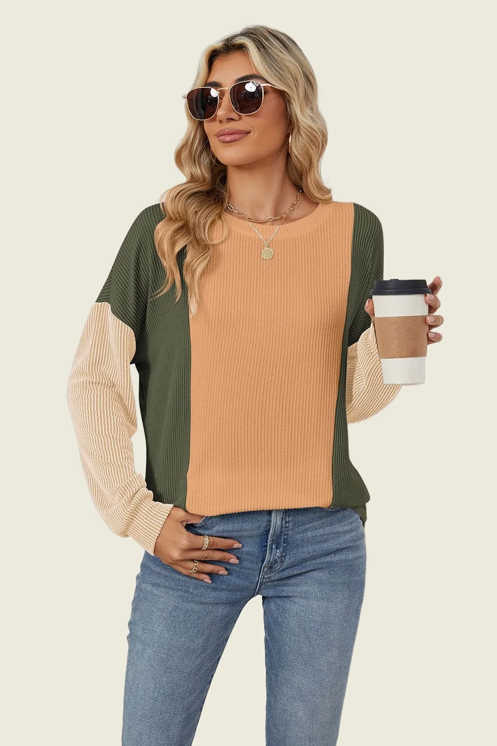 Texture Contrast Round Neck Long Sleeve T-Shirt, image 13