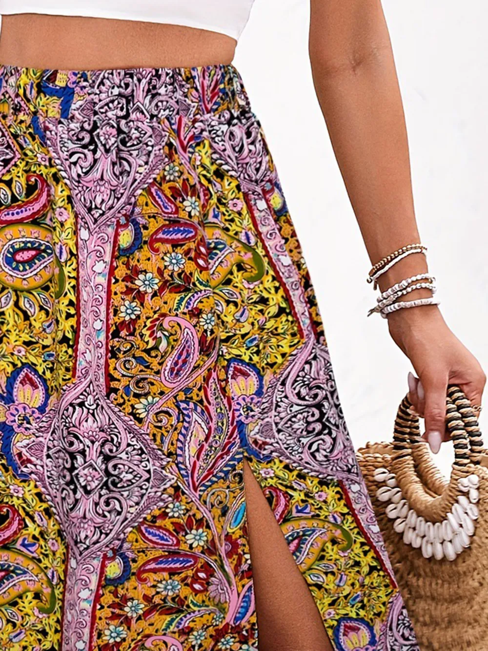 Slit Printed Elastic Waist Skirt, image 2