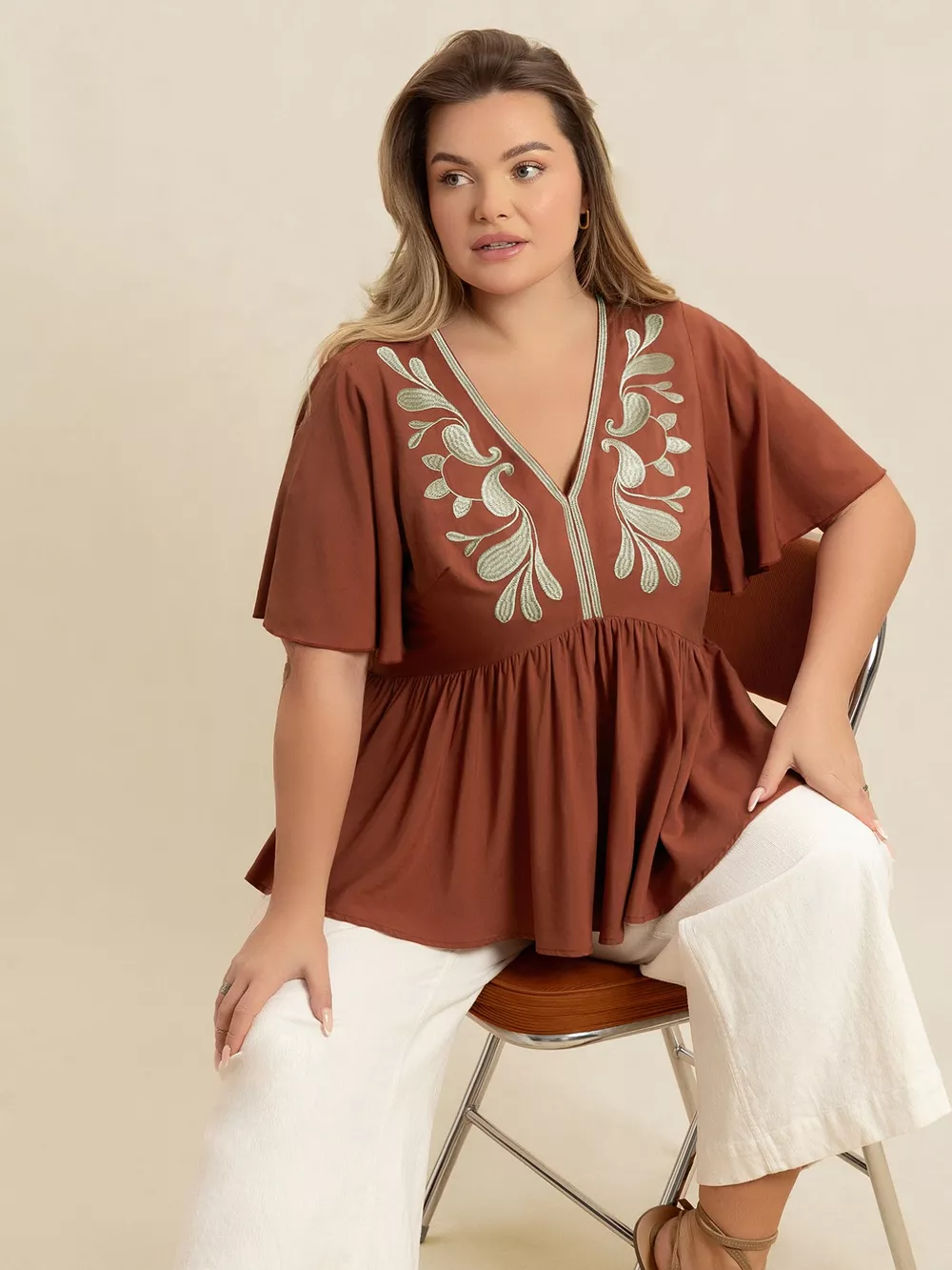 Plus Size Embroidered V-Neck Flutter Sleeve Blouse, image 3