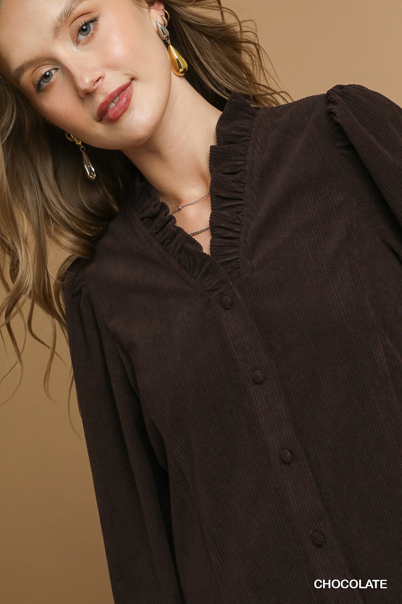 Corduroy Ruffle Shirt with Long Puff Sleeves, image 5
