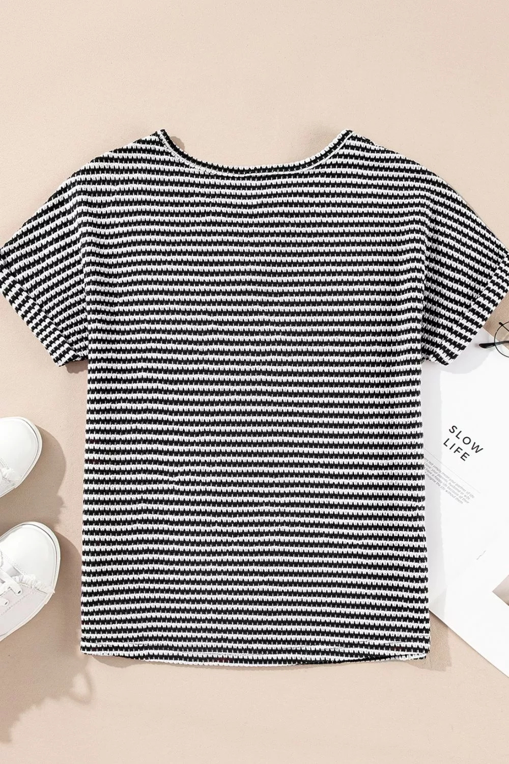 Stripe Textured Knit Notched Neck Cuffed Short Sleeve Top, image 11