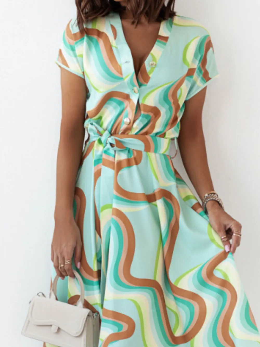 Printed Button Front Midi Dress with Belt, image 2