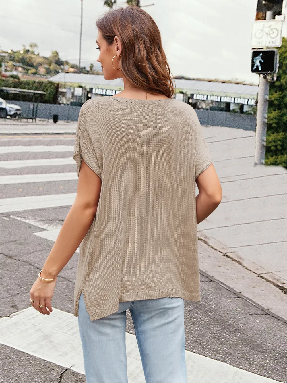 Notched Short Sleeve Knit Top, image 3