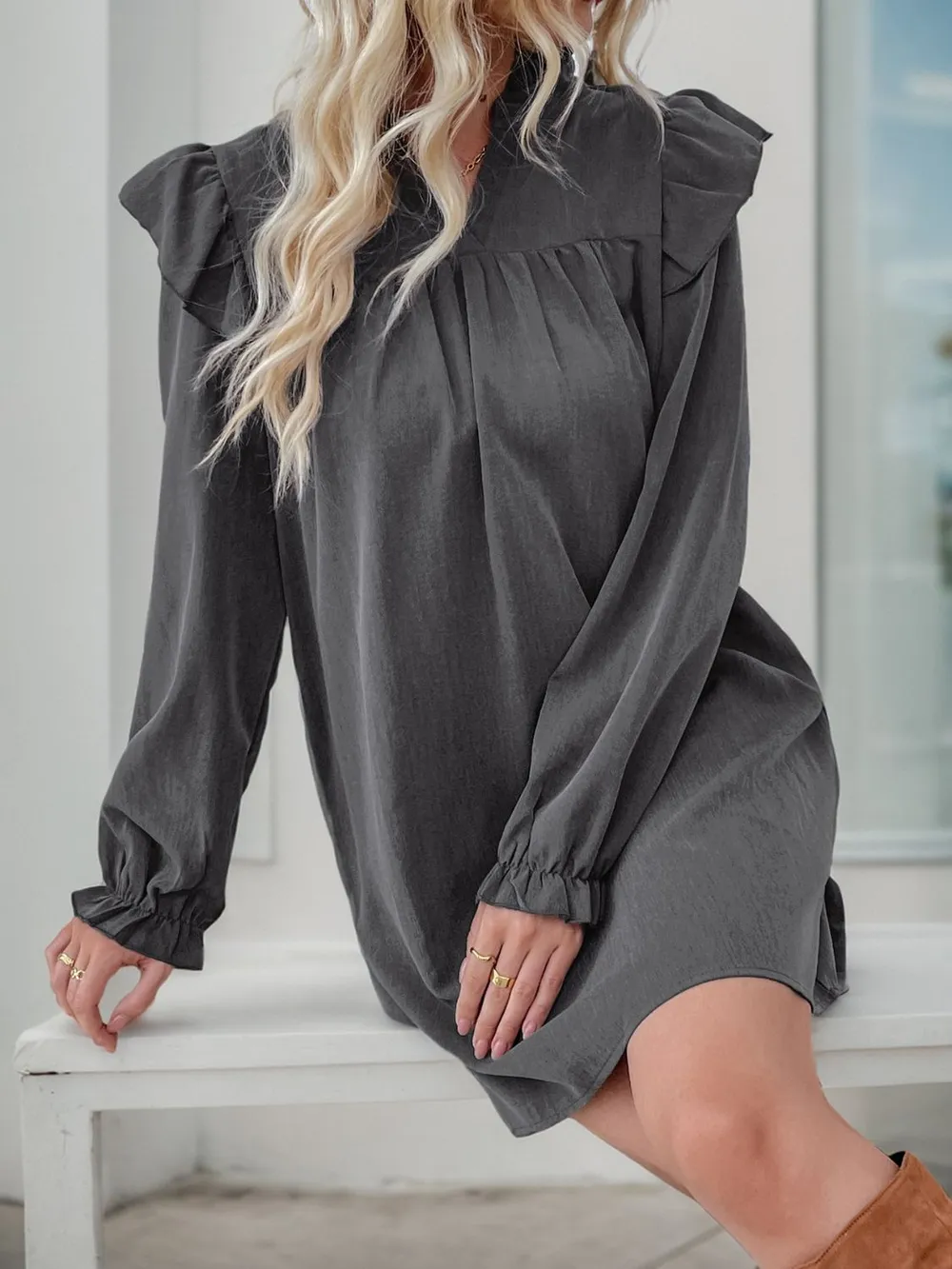 Ruffled Notched Long Sleeve Mini Dress, image 2