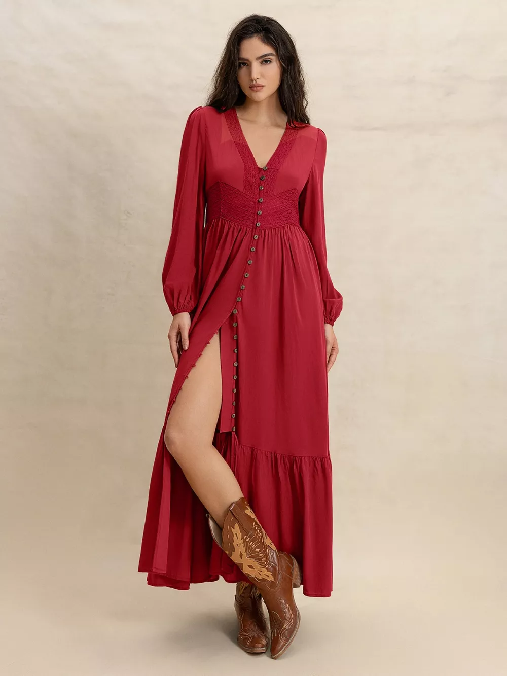 V-Neck Balloon Sleeve Ruffled Hem Maxi Dress, image 2