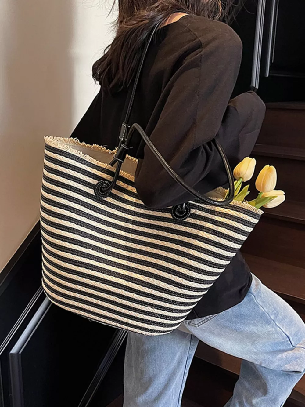 Striped Woven Straw Shoulder Bag, image 6