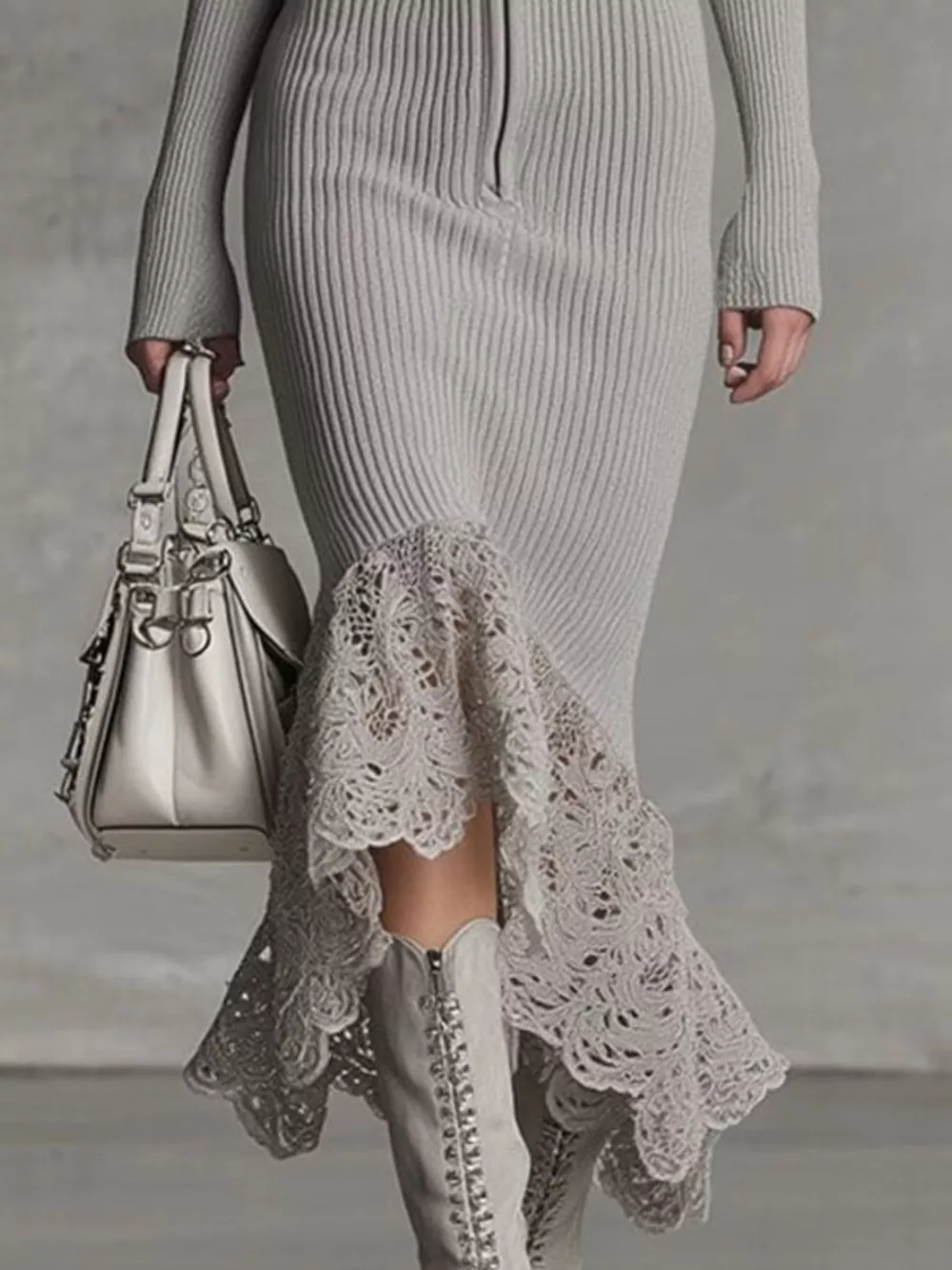 Hooded Ribbed Knit Lace Hem Midi Dress, image 2