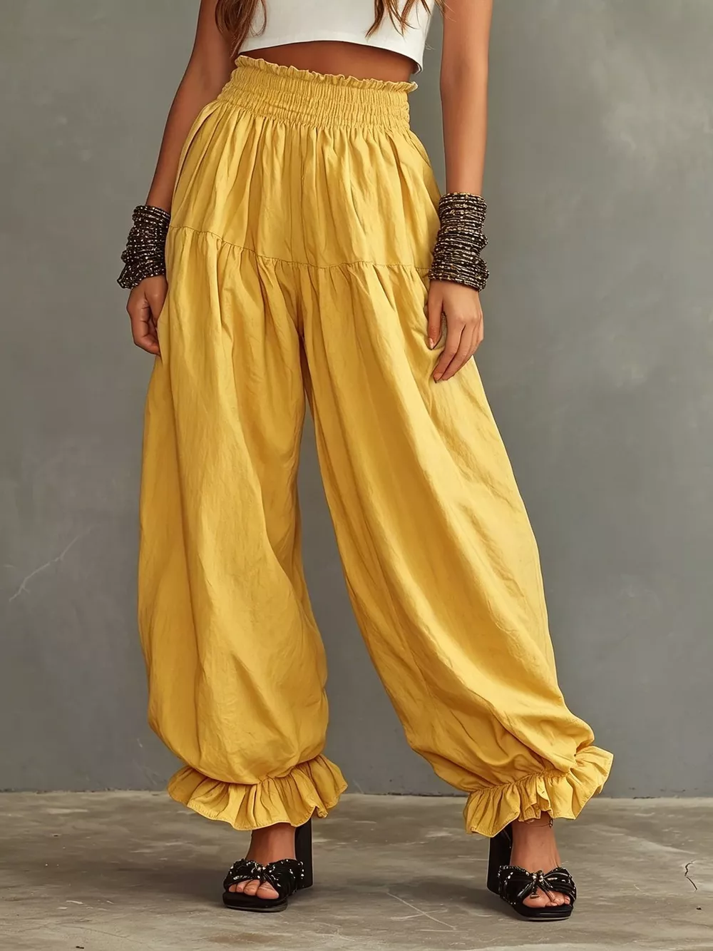 Full Size Smocked Ruffle Hem Wide Leg Pants Plus Size, image 7