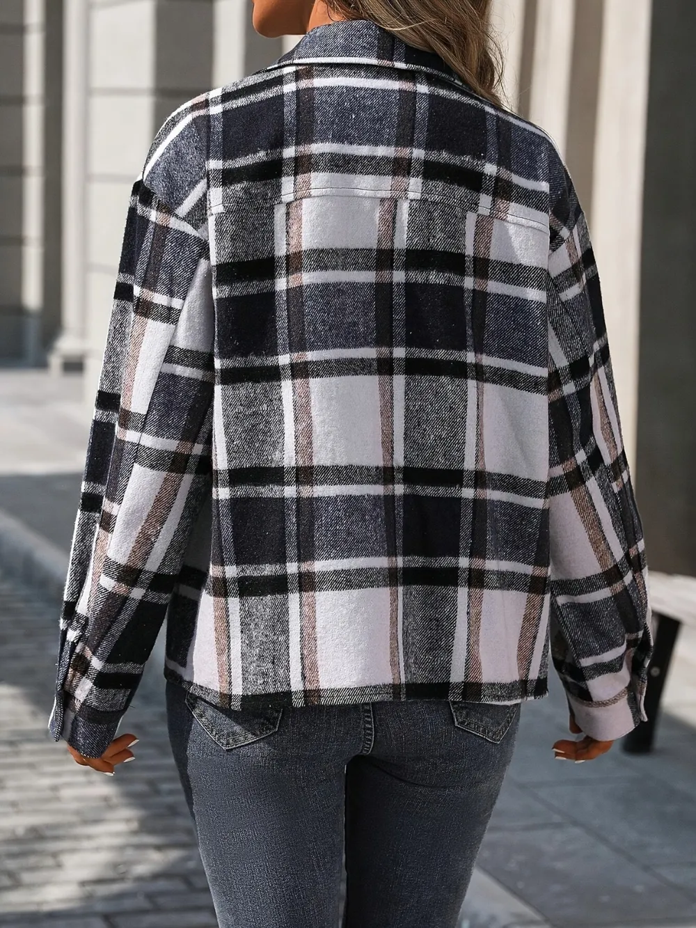 Plaid Button Up Drop Shoulder Jacket, image 3