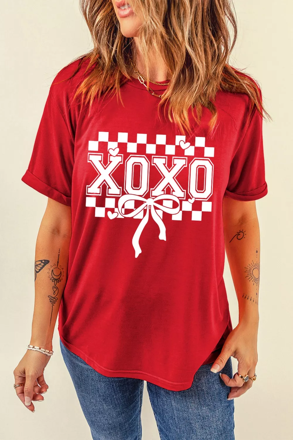 XOXO Checkered Ribbon Bow Print Valentines Day T Shirt, image 2