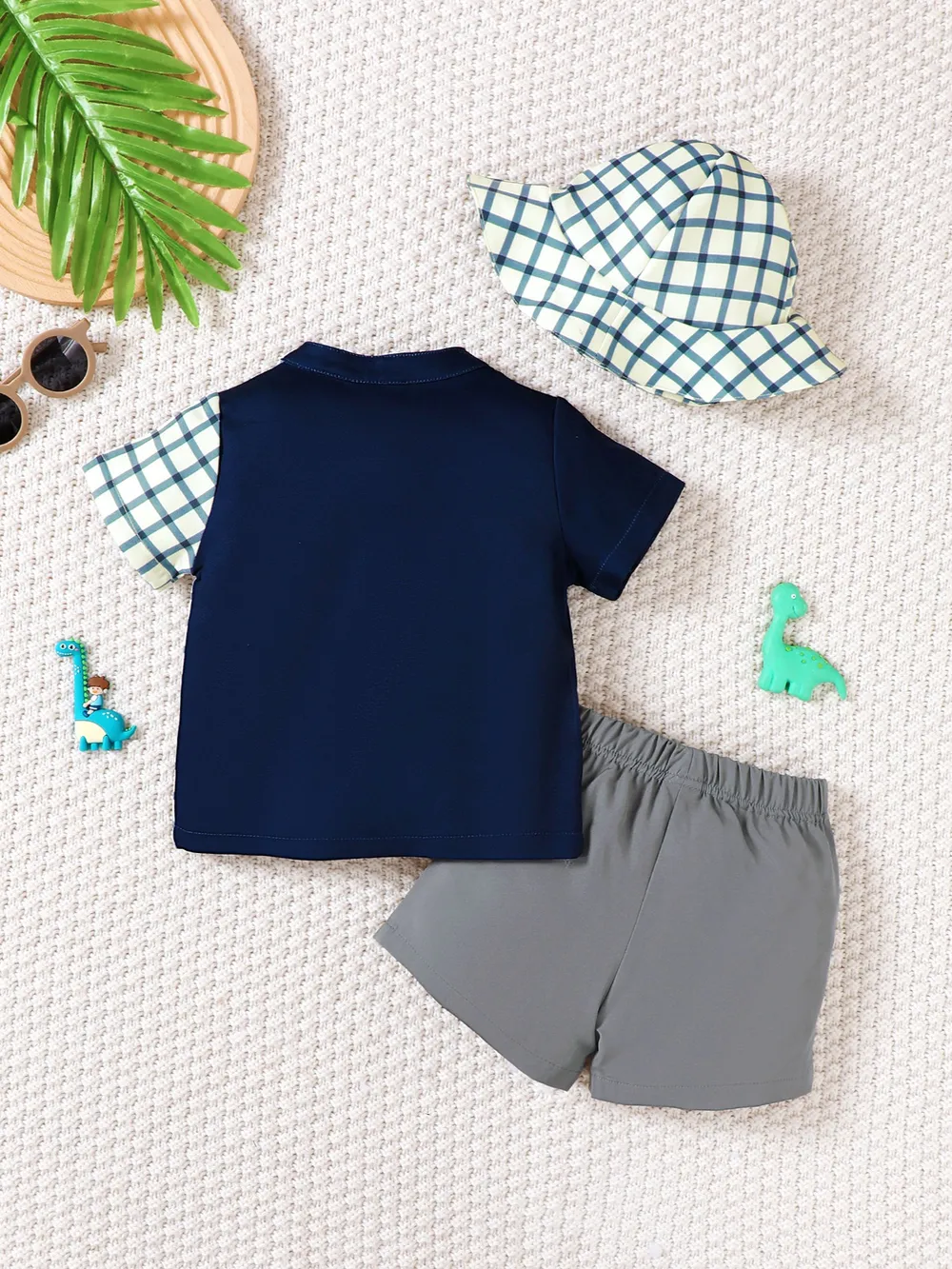 Children's Hat Dinosaur Plaid Button Up Top and Shorts 3-Piece Set, image 2