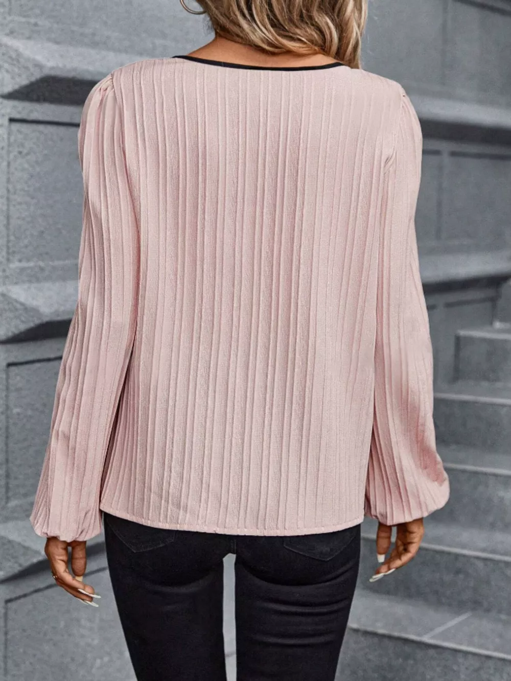 Contrast Notched Long Sleeve Blouse, image 15