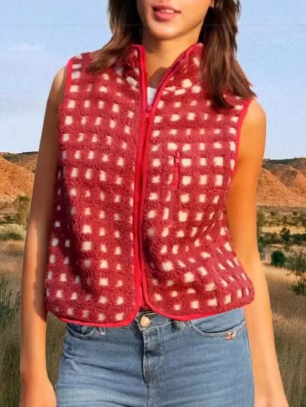 Plaid Zip Up Vest Coat, image 2
