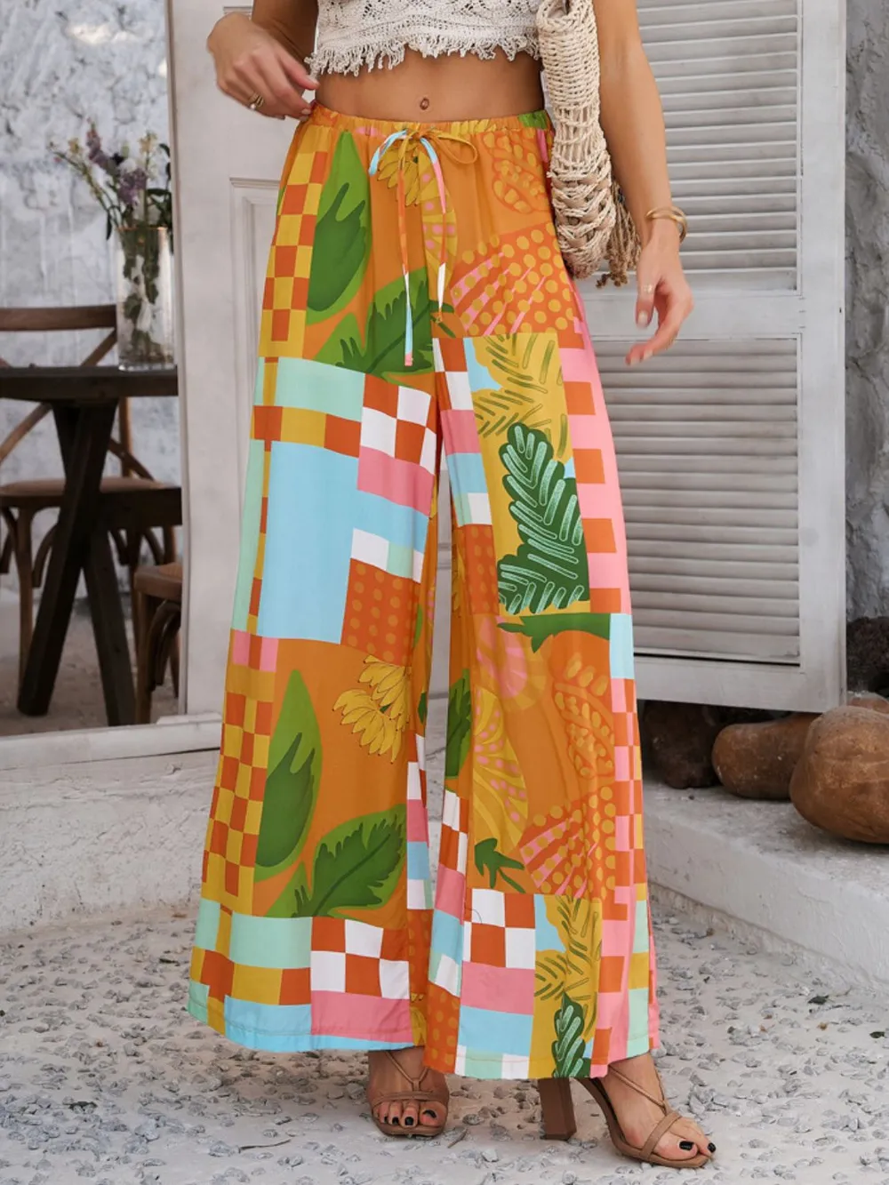 Drawstring Printed Wide Leg Pants, image 5