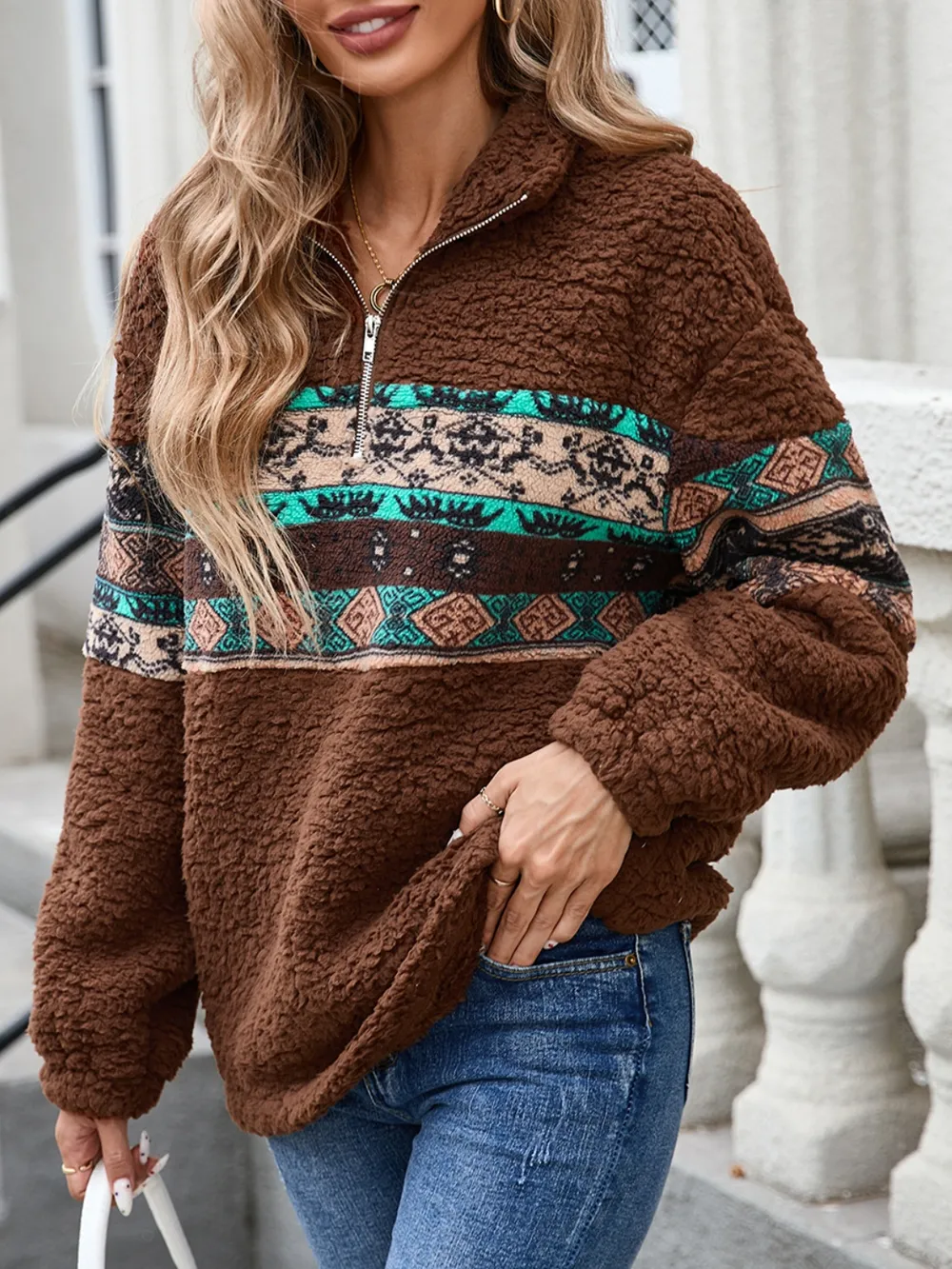 Half Zip Long Sleeve Fuzzy Top, image 6