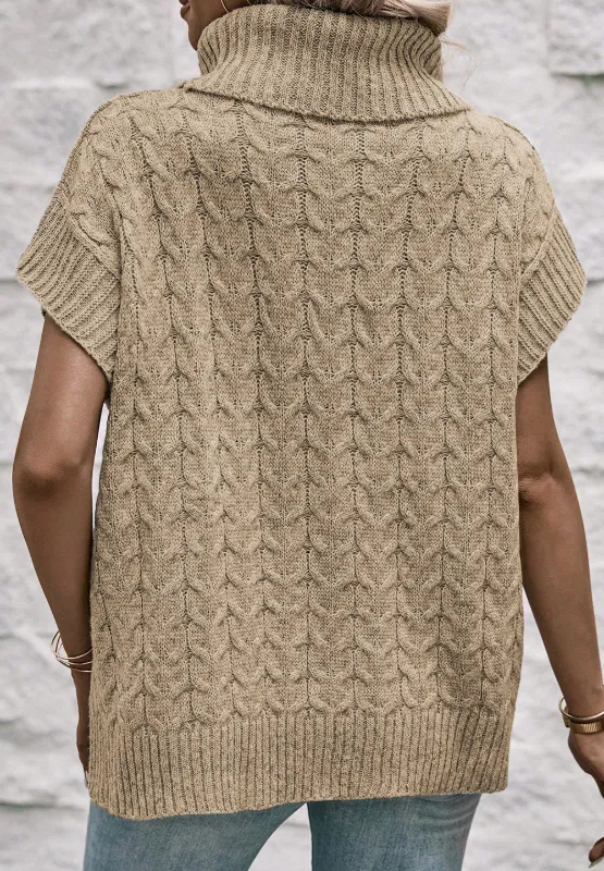 Cable Knit Turtleneck Short Sleeve Sweater, image 2