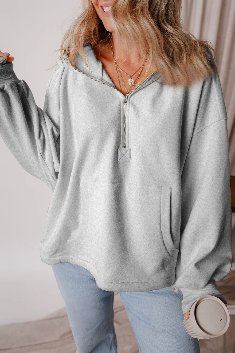 Pocketed Half Zip Dropped Shoulder Hoodie, image 2