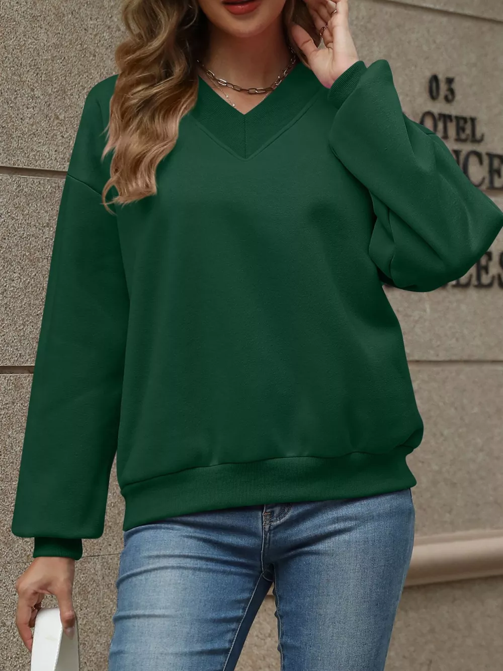 V-Neck Solid Color Casual Sweatshirt, image 2
