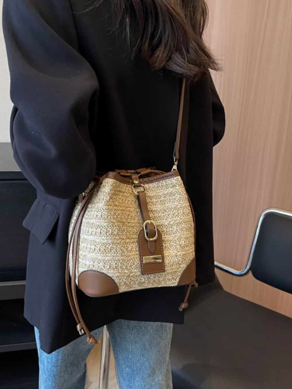 Woven Straw Bucket Crossbody Bag, image 4