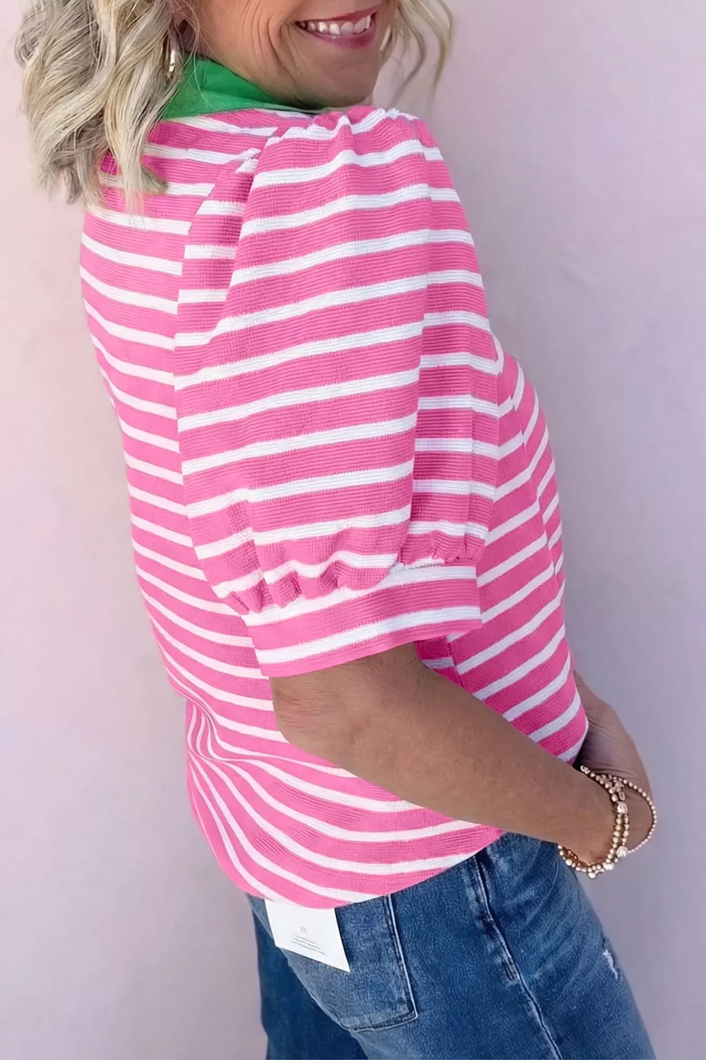 Stripe Short Puff Sleeve Color Block Polo Collar Blouse, image 2