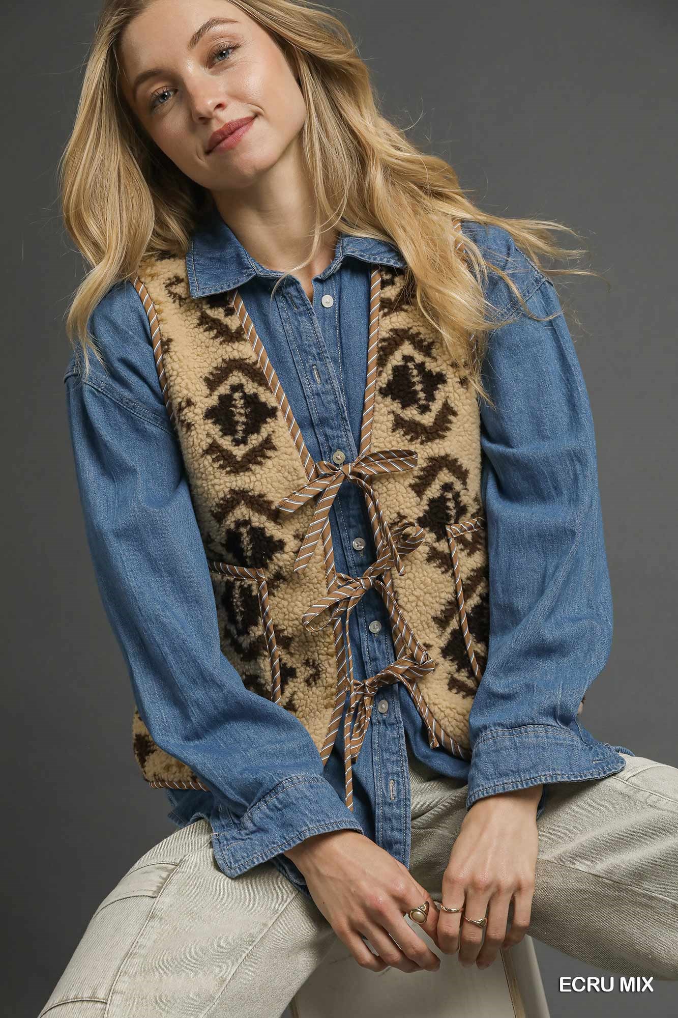 Mix Patterned Sherpa Tie-Front Vest, image 2