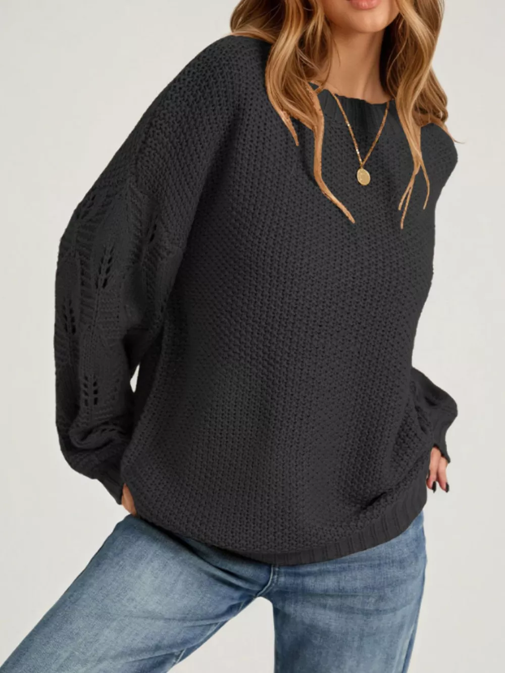 Textured Knit Openwork Dropped Shoulder Sweater, image 7