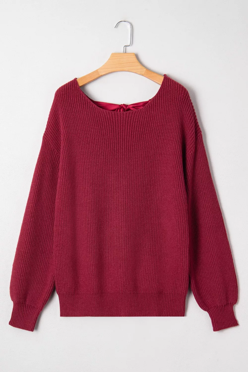 Ribbed Knit Ribbon Knot Backless Drop Shoulder Sweater, image 2