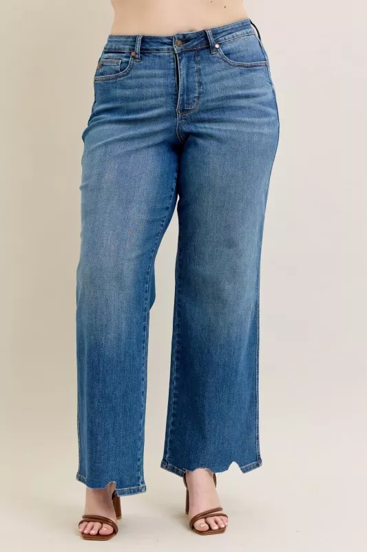 Full Size High Waist Tummy Control Chew Hem Destroy Wide Jeans Plus Size, image 2