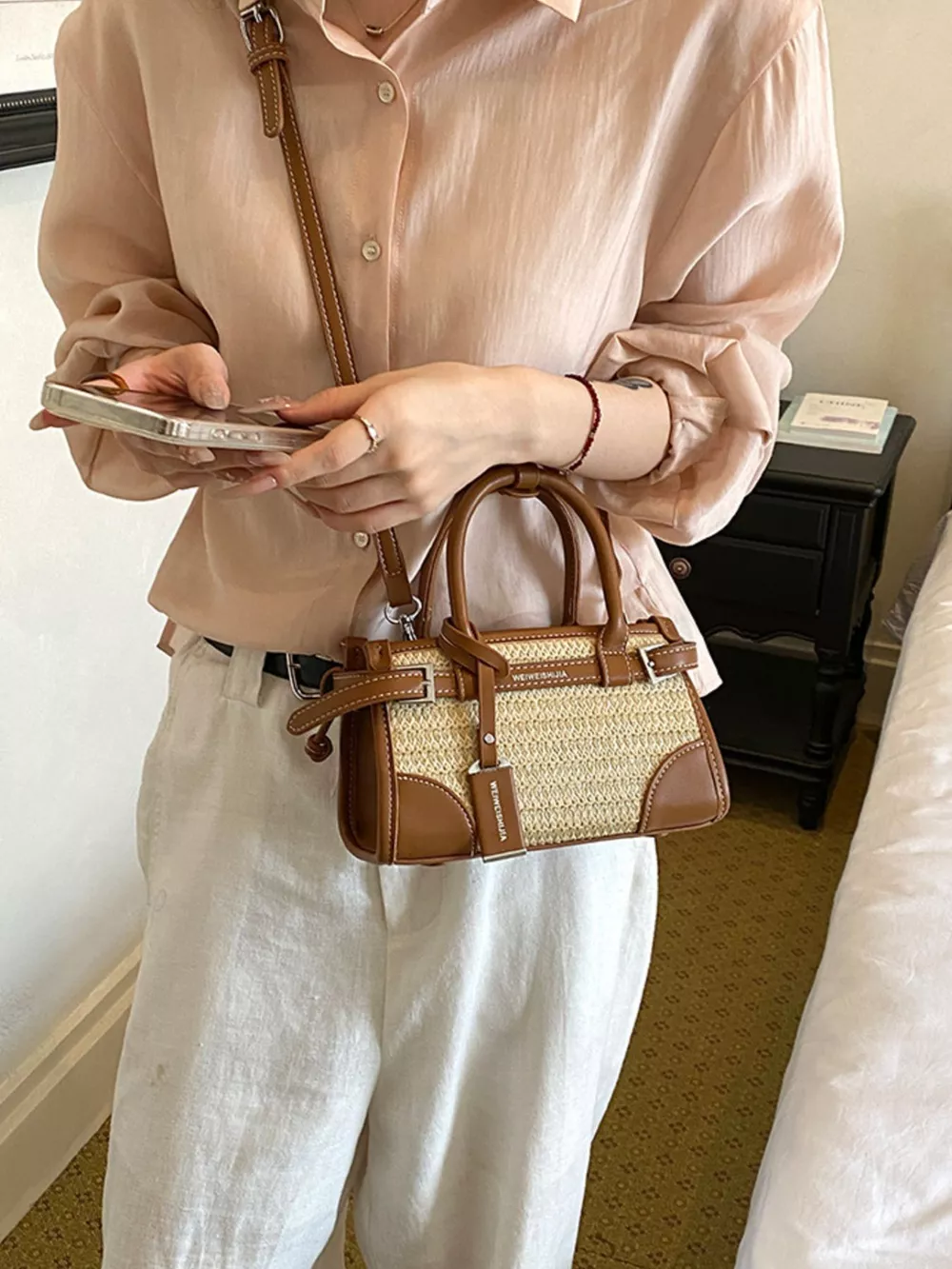 Leather Trim Woven Crossbody Bag, image 9