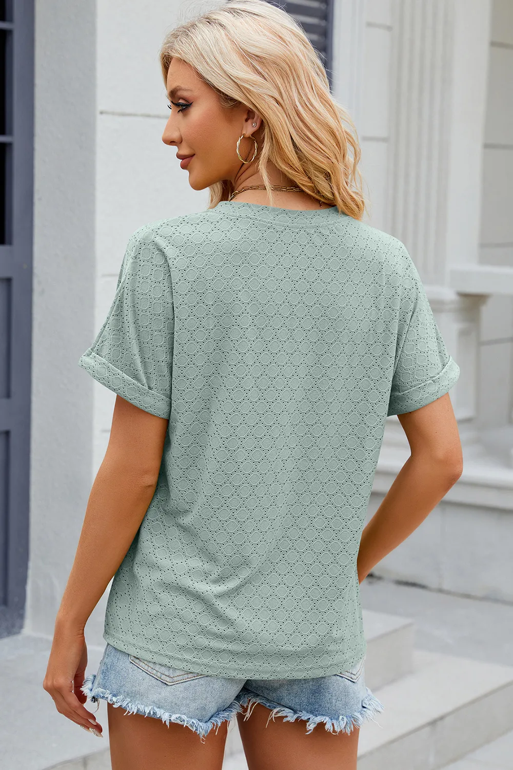 Eyelet Notched Short Sleeve T-Shirt, image 4