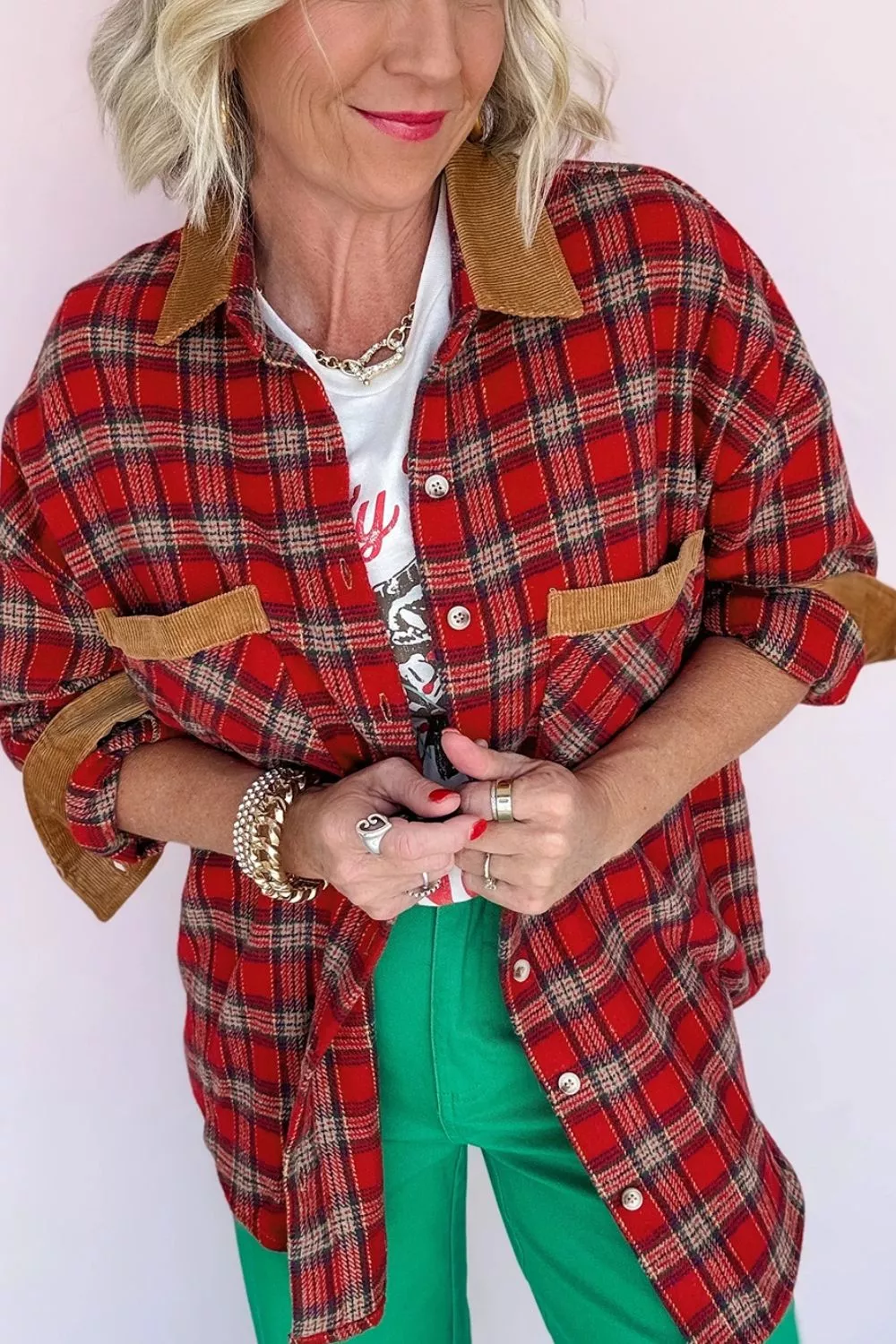 Plaid Corduroy Trim Dropped Shoulder Shacket, image 4