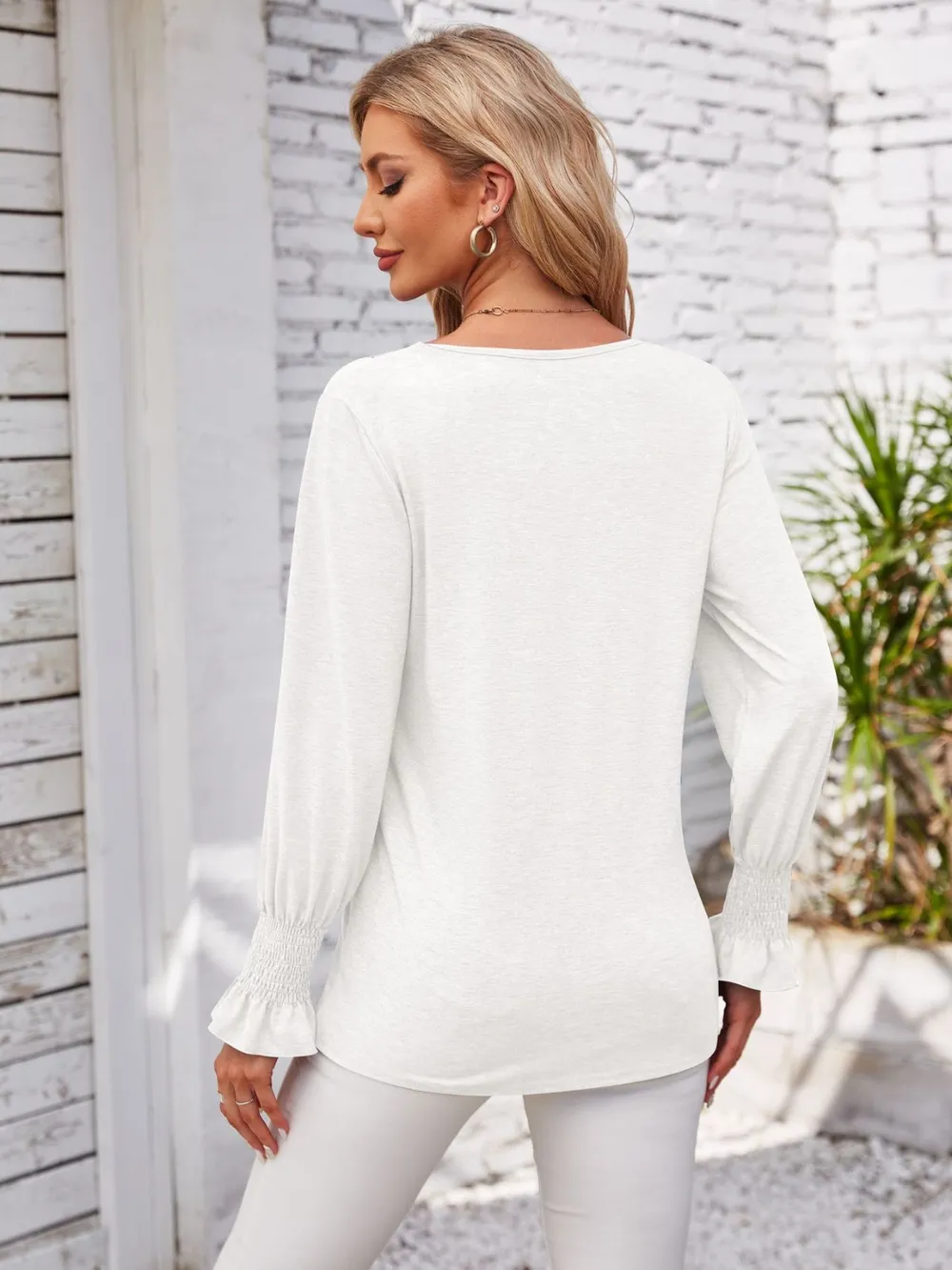 Smocked V-Neck Long Sleeve Blouse, image 7