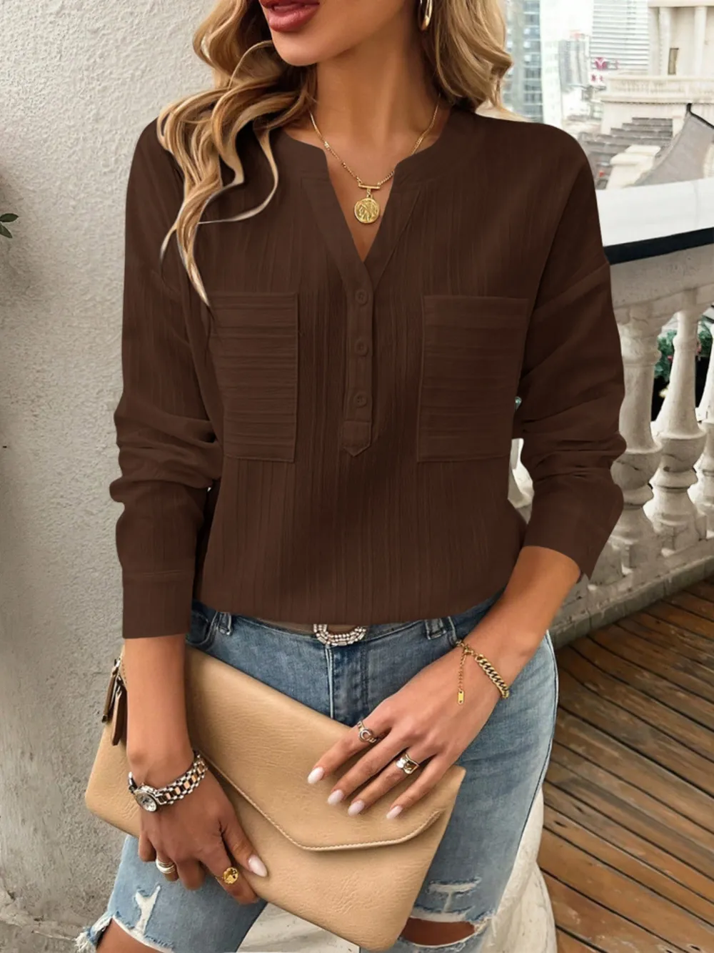 Pocketed Notched Long Sleeve Blouse, image 11