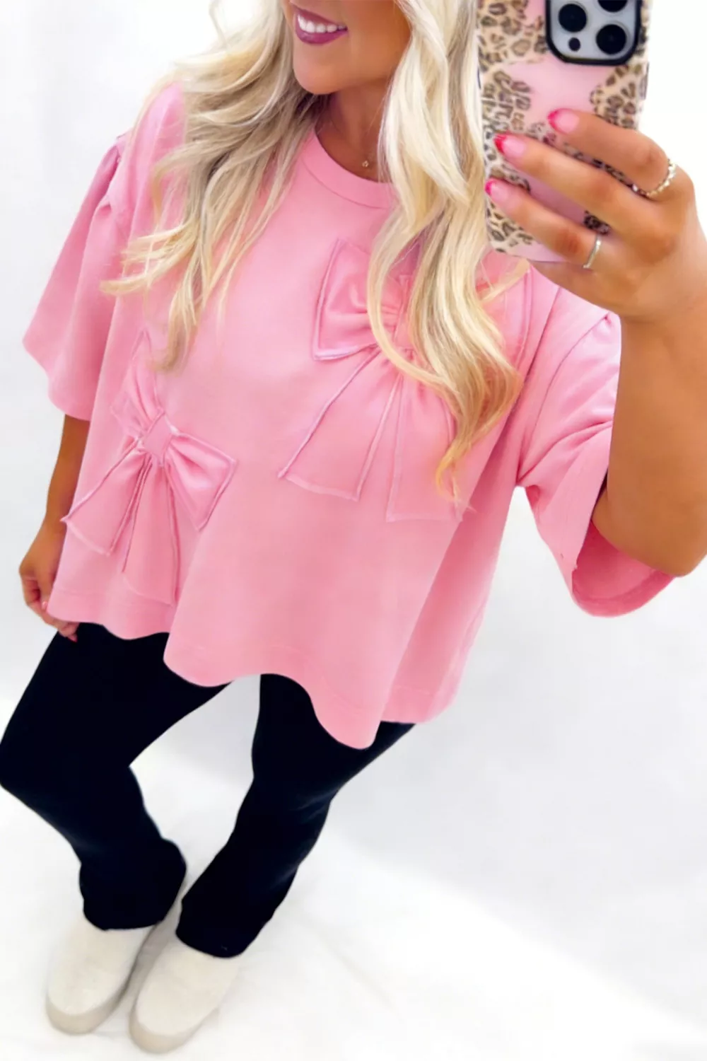 Solid Color Raw Edge Bow Patch Loose T Shirt, image 2