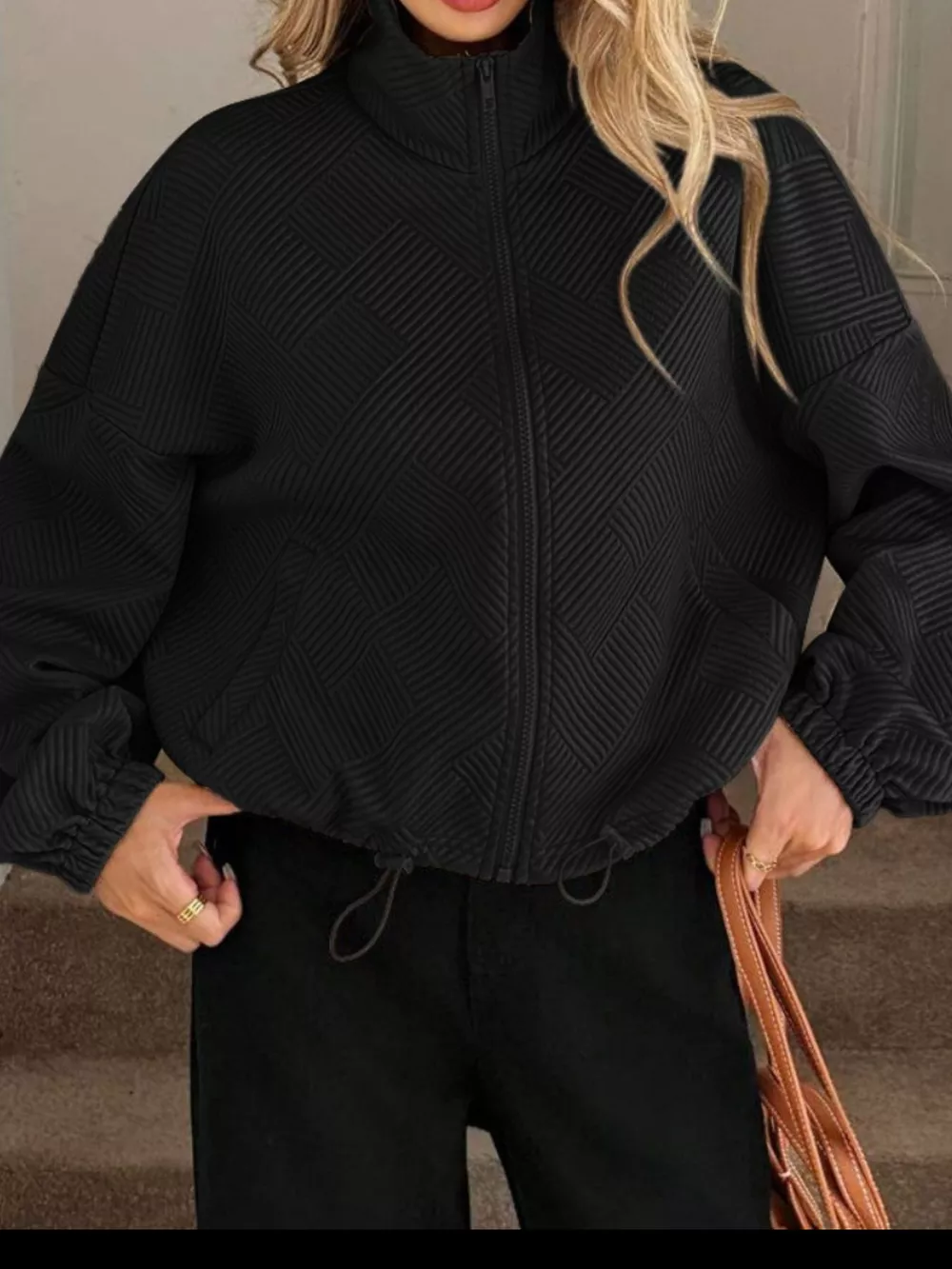 Textured Zip-Up Drawstring Hem Jacket, image 7