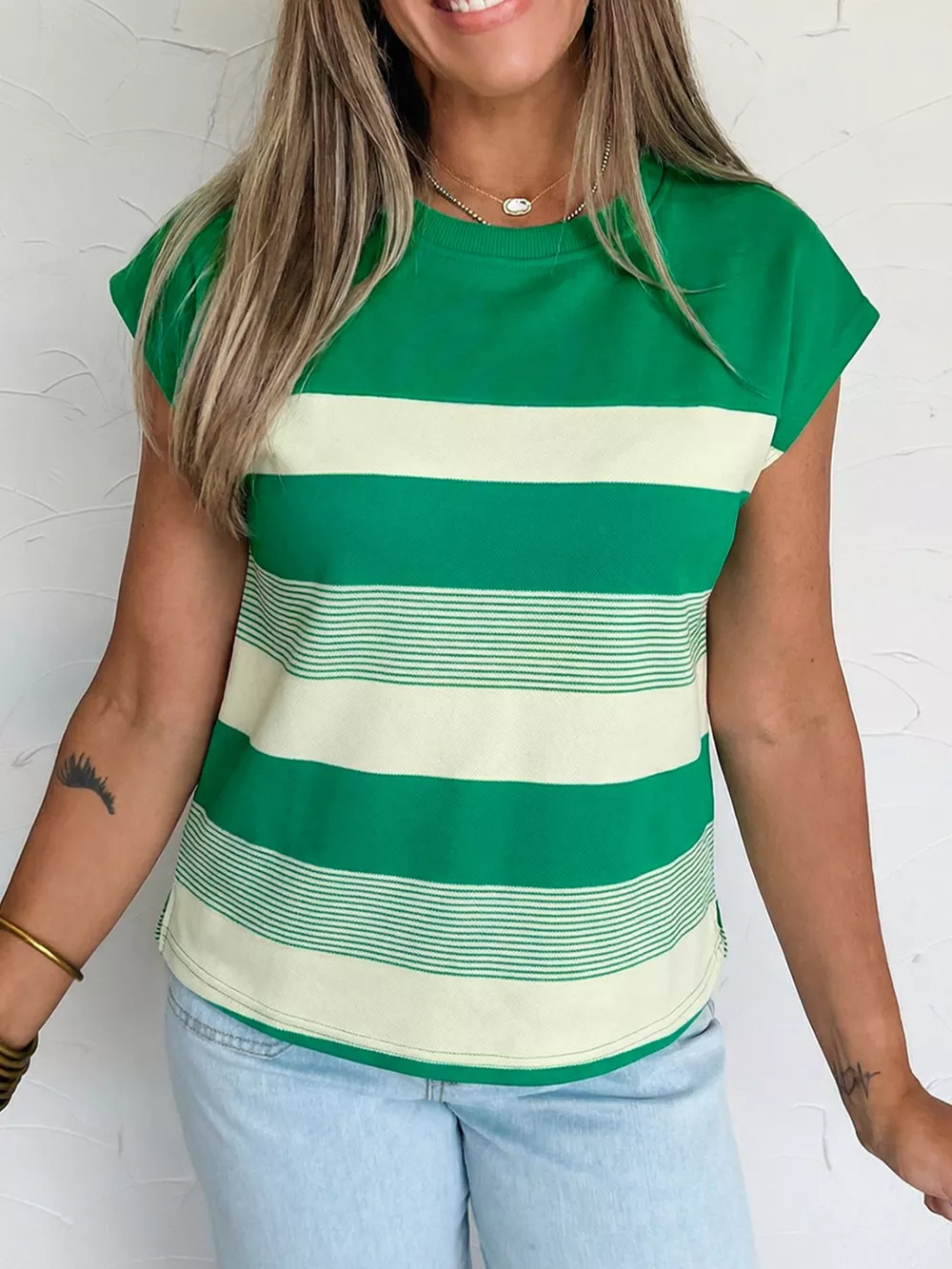 Stripe Mixed Print Crew Neck Cap Sleeve T Shirt, image 2