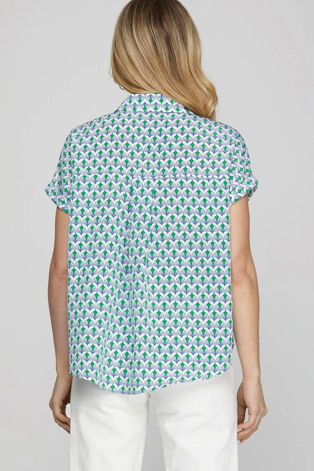 Full Size Printed Johnny Collar Short Sleeve Blouse Plus Size, image 2