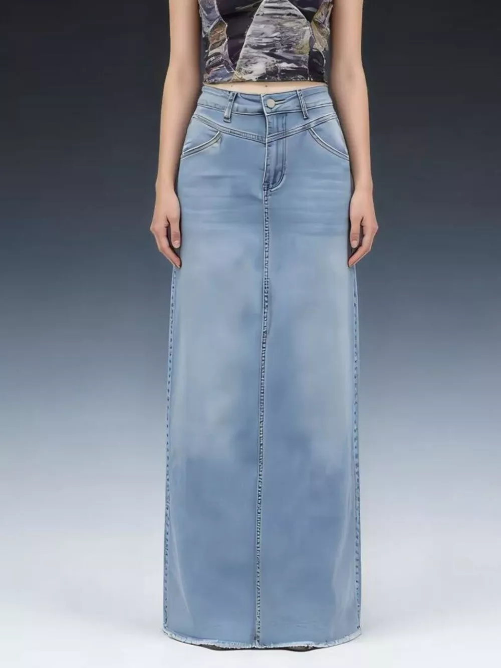 Raw Hem Maxi Denim Skirt, image 2