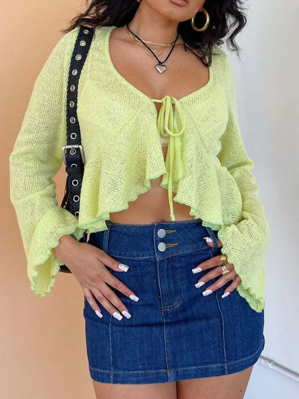Ruffled Hem Tie-Front Cropped Cardigan