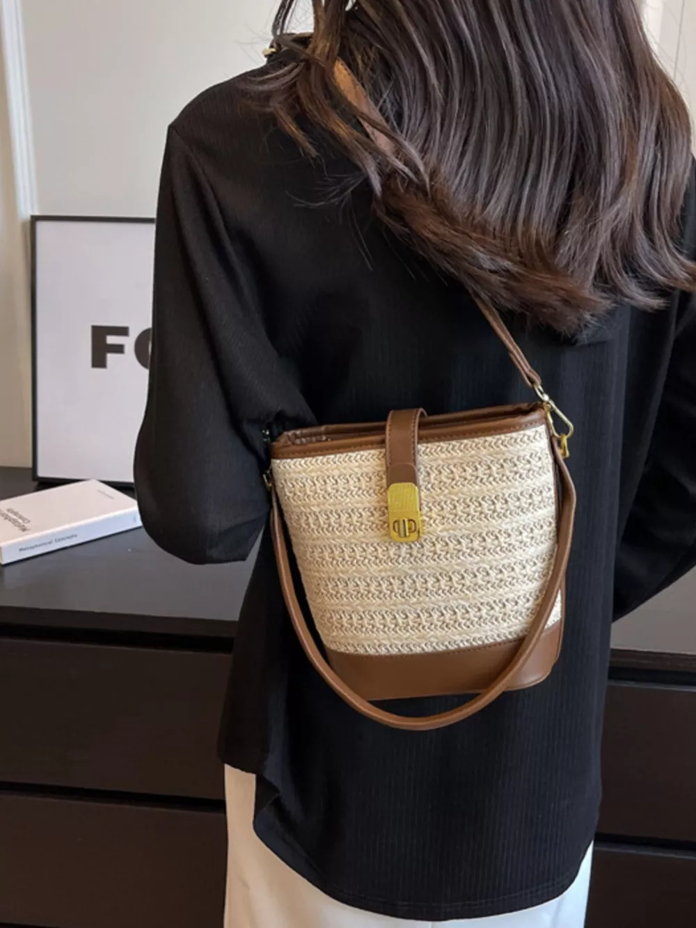 Woven Straw Bucket Crossbody Bag, image 5