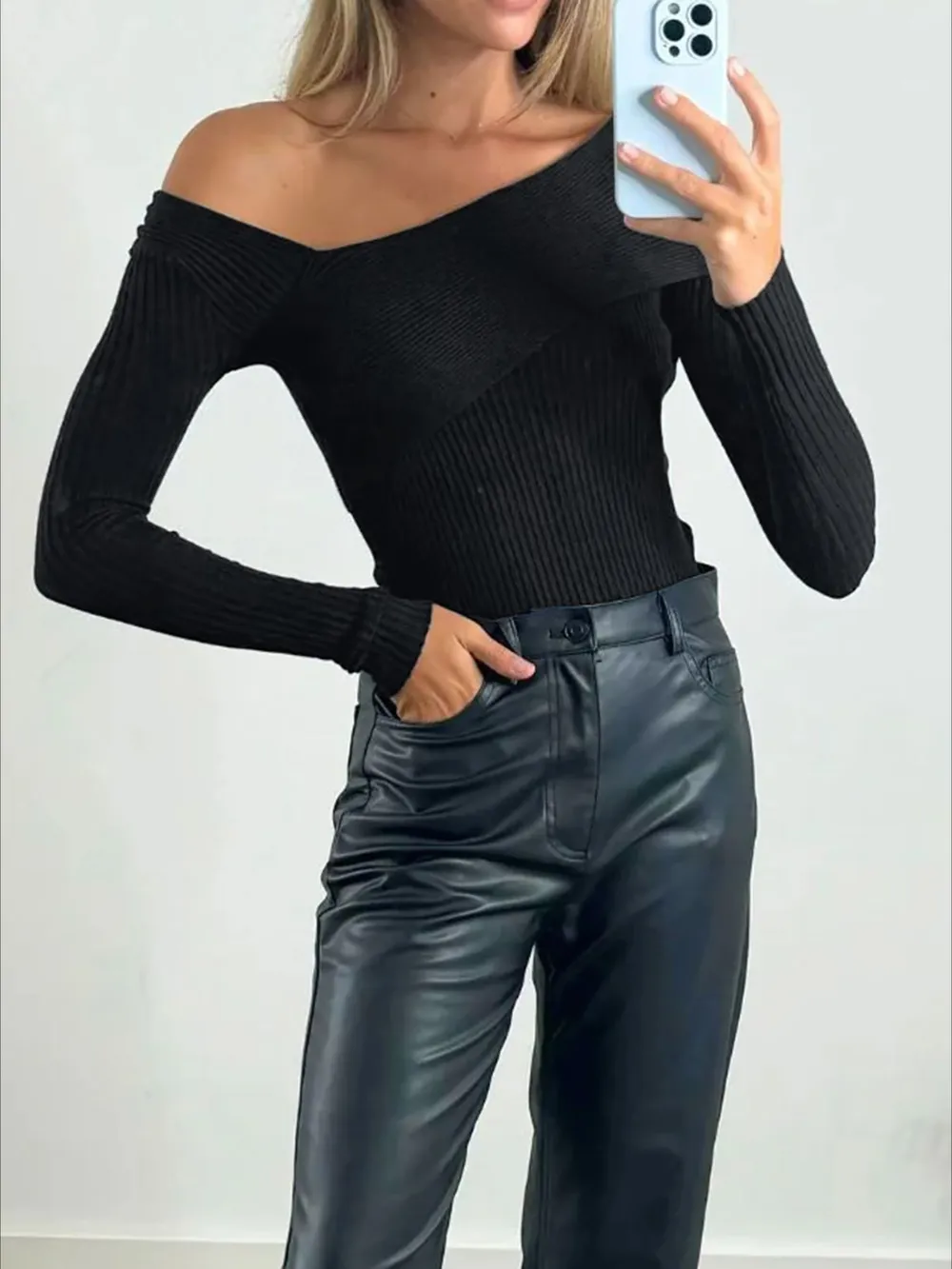 Off-Shoulder Ribbed Knit Top, image 7
