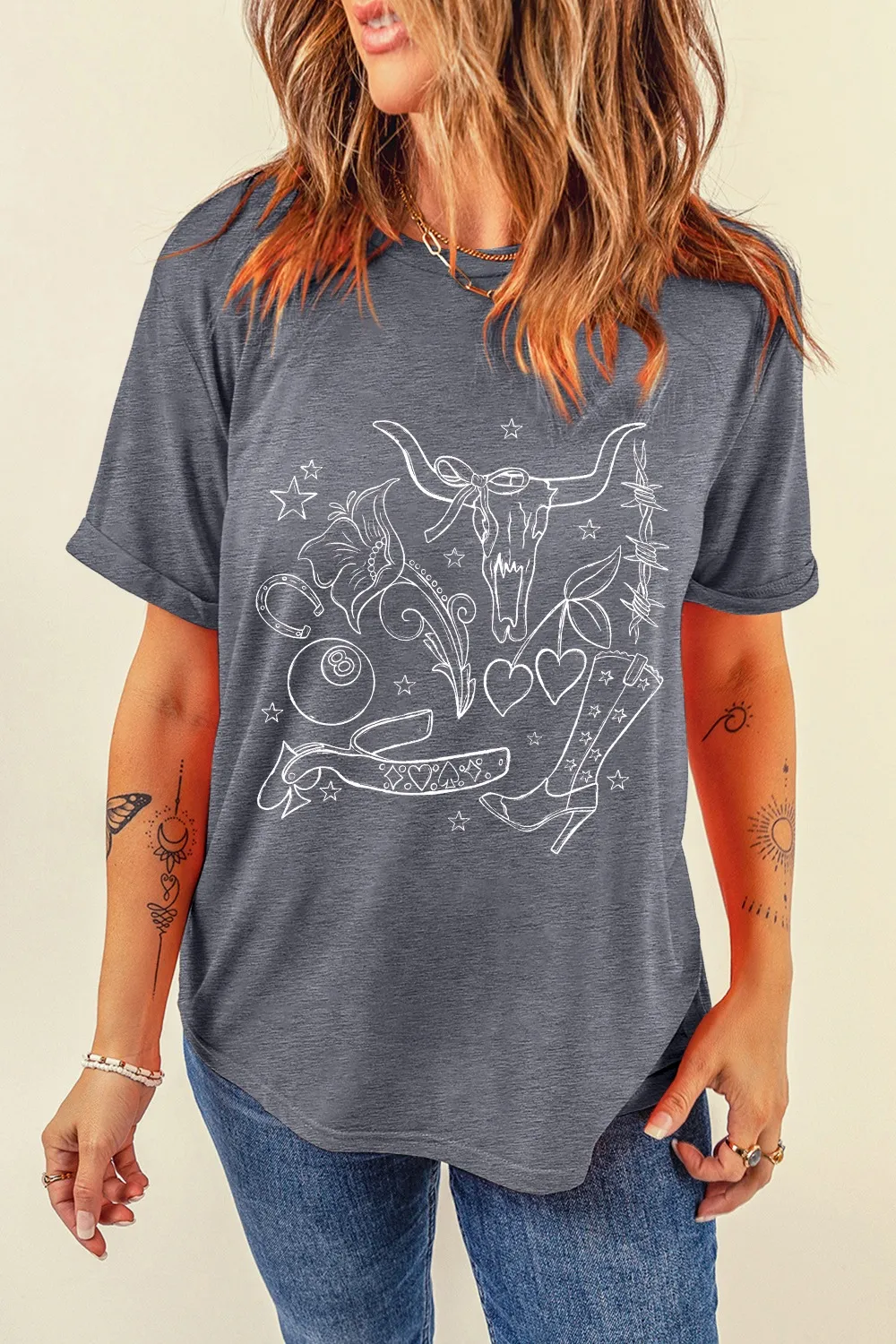 Cowgirl Boots OX Head Western Graphic Crewneck Tee, image 2